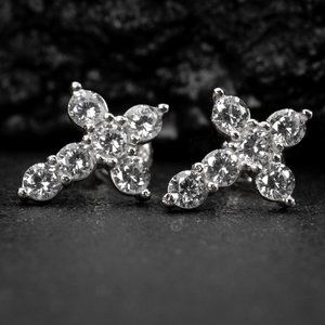 Iced Cz White Gold Plated 925 Sterling Silver Men Cross Stud Screw Back Earrings